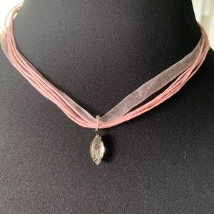 Necklace marquis shaped sparkle pendant on pink ribbon choker